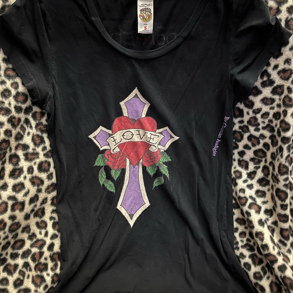 Vintage Ed Hardy Black Tee with Purple and Red Love Cross